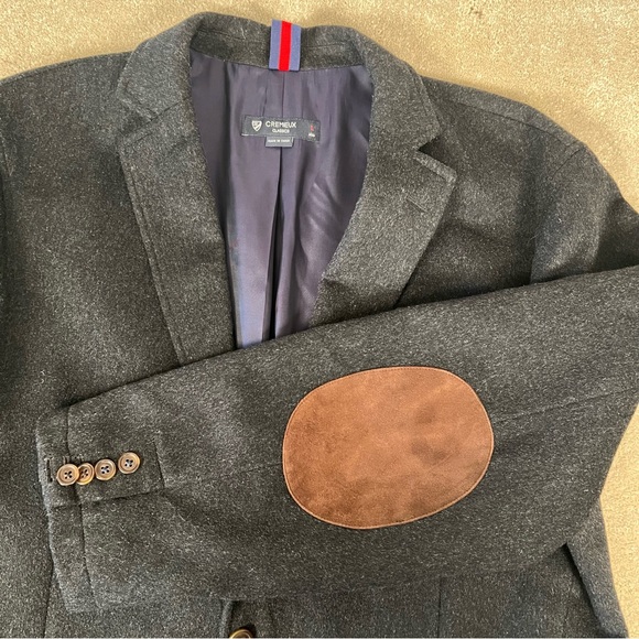 Cremieux Dark Gray wool Blazer Leather Elbow Patches 2 Button Blazer men's Large - Picture 2 of 16